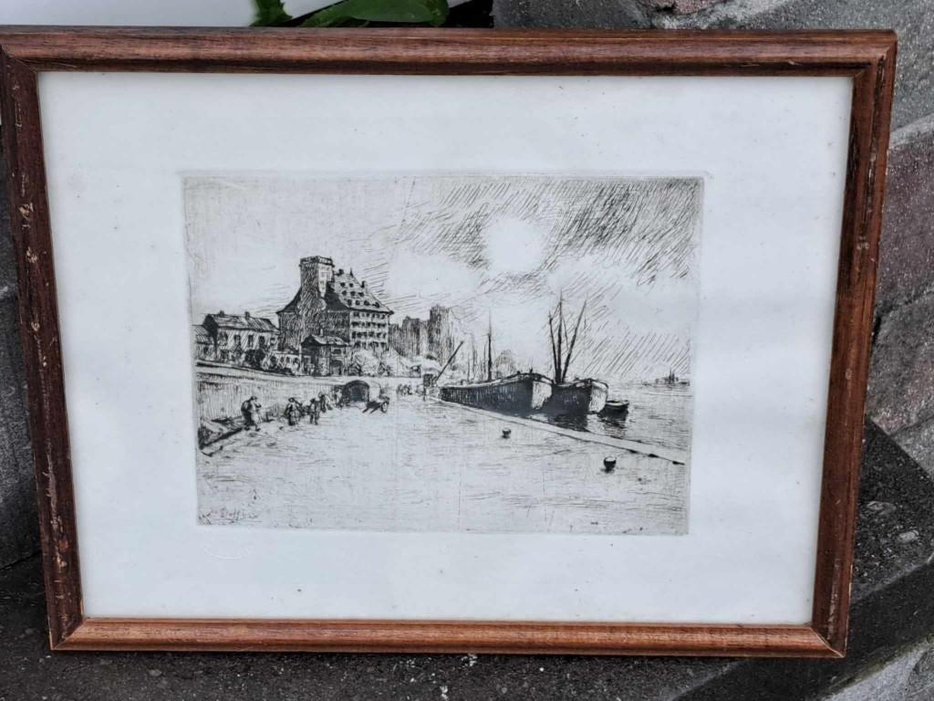 gravure peniche a quai signe jos delfosse, Antiquités & Art, Enlèvement ou Envoi