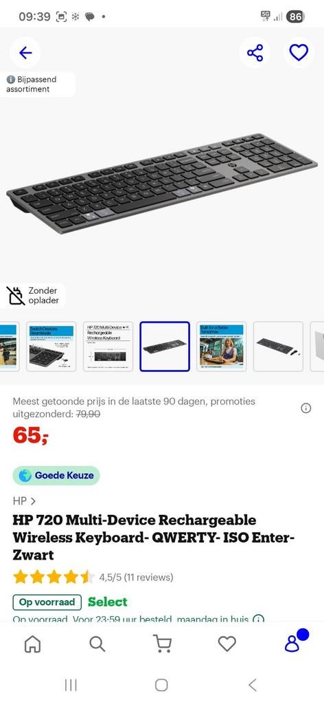 HP 720 Multi-Device Rechargeable Wireless Keyboard, Ophalen, Qwerty, Draadloos, HP