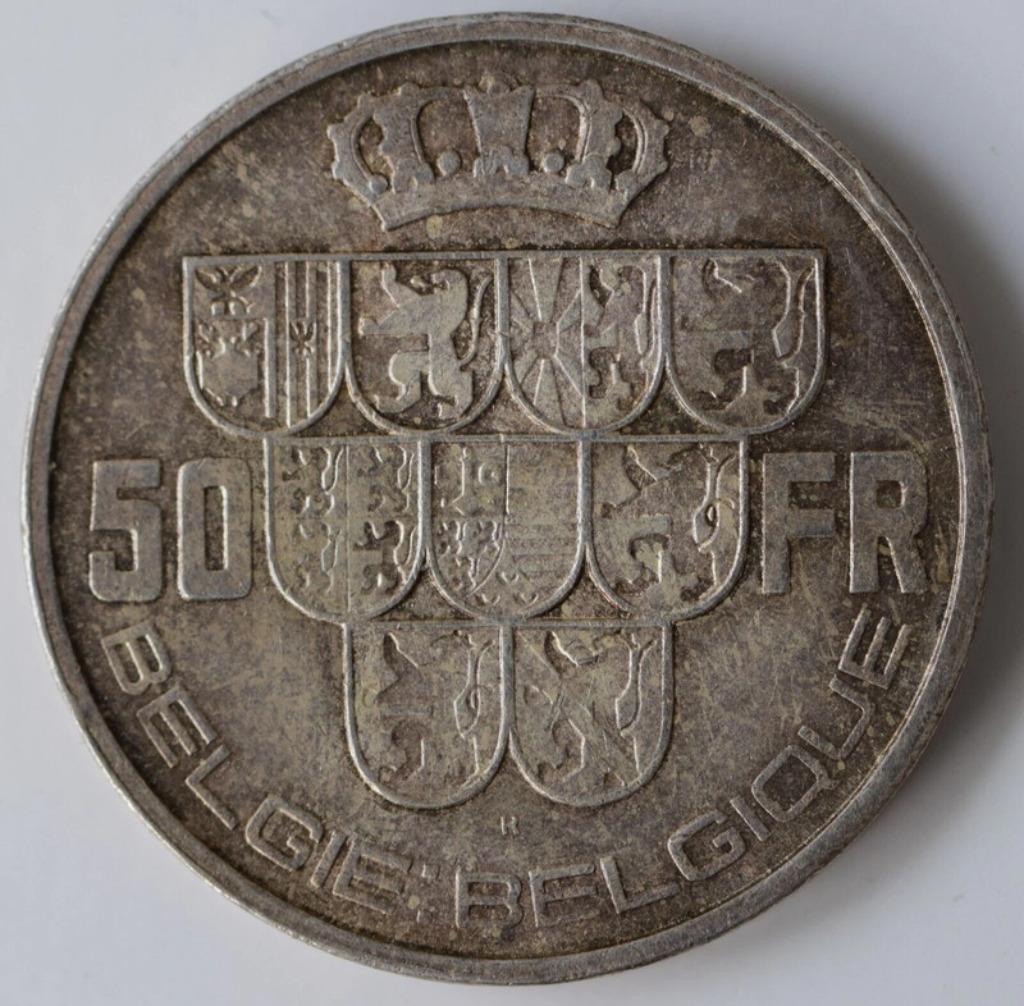 Leopold III - 50fr- zonder kruis met triangel (driehoek) -, Verzenden, Zilver, Losse munt, Zilver