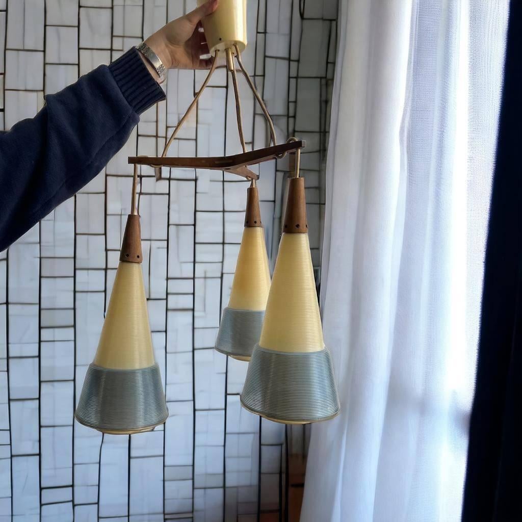 Vintage Deense cascade luster met hout accent, Ophalen of Verzenden