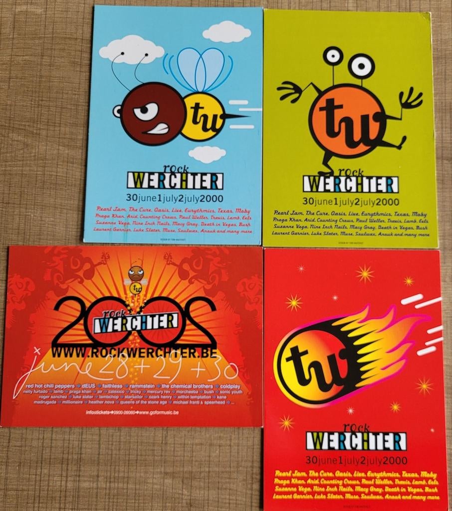 4 reclamekaarten/ postkaarten: Rock Werchter, Collections, Enlèvement ou Envoi, 1980 à nos jours, Non affranchie, Musique