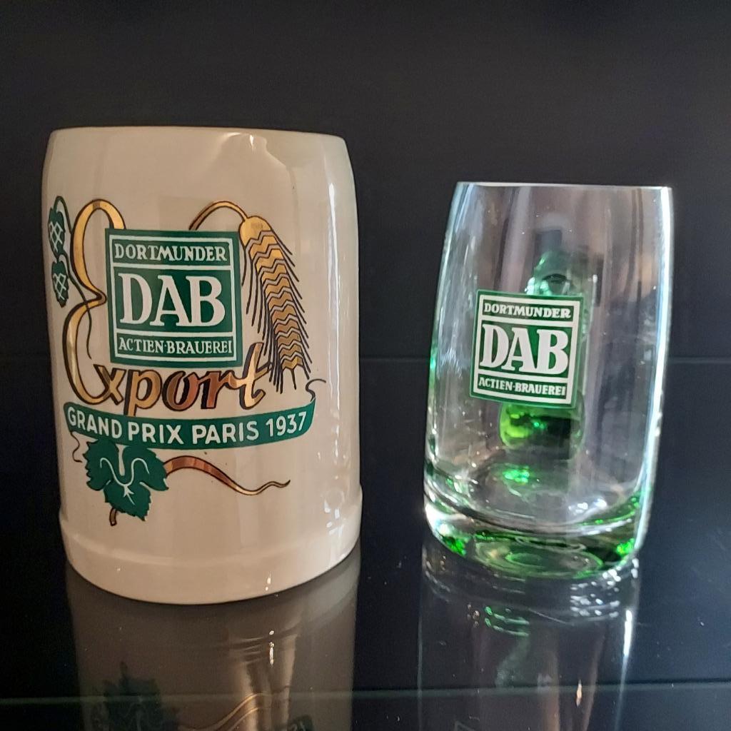 DAB Dortmunder bierpot 0,5 Grand Prix 1937 en glazen 0,25, Verzamelen, Glas en Drinkglazen, Ophalen, Gebruikt, Bierglas