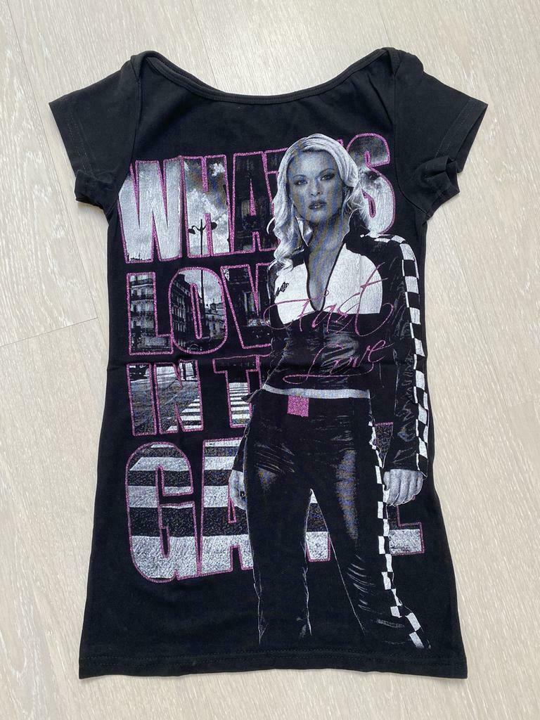 T-shirt noir avec image & écriture 36/S, Porté, Taille 36 (S), Noir, Manches courtes
