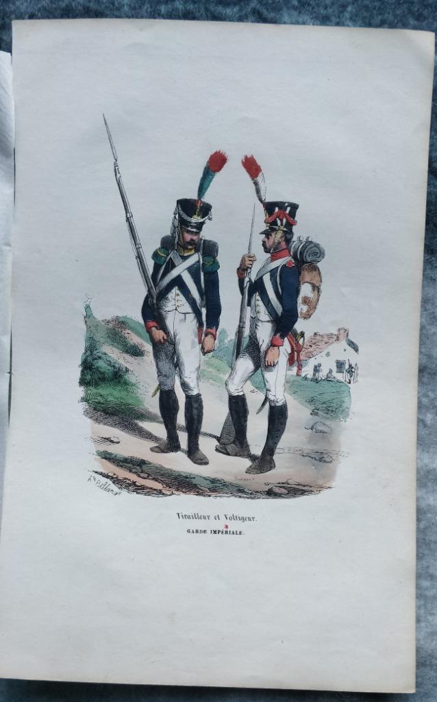 Gravure van een schutter en een voltigeur van het 1e Napoleo, Verzamelen, Ophalen of Verzenden, Landmacht, Foto of Poster