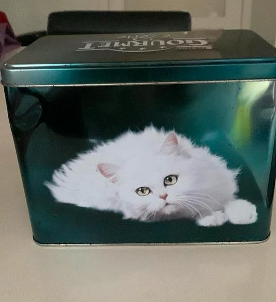 Gourmet blik kattenvoer afbeelding witte Perzische kat, Dieren en Toebehoren, Ophalen, Zo goed als nieuw