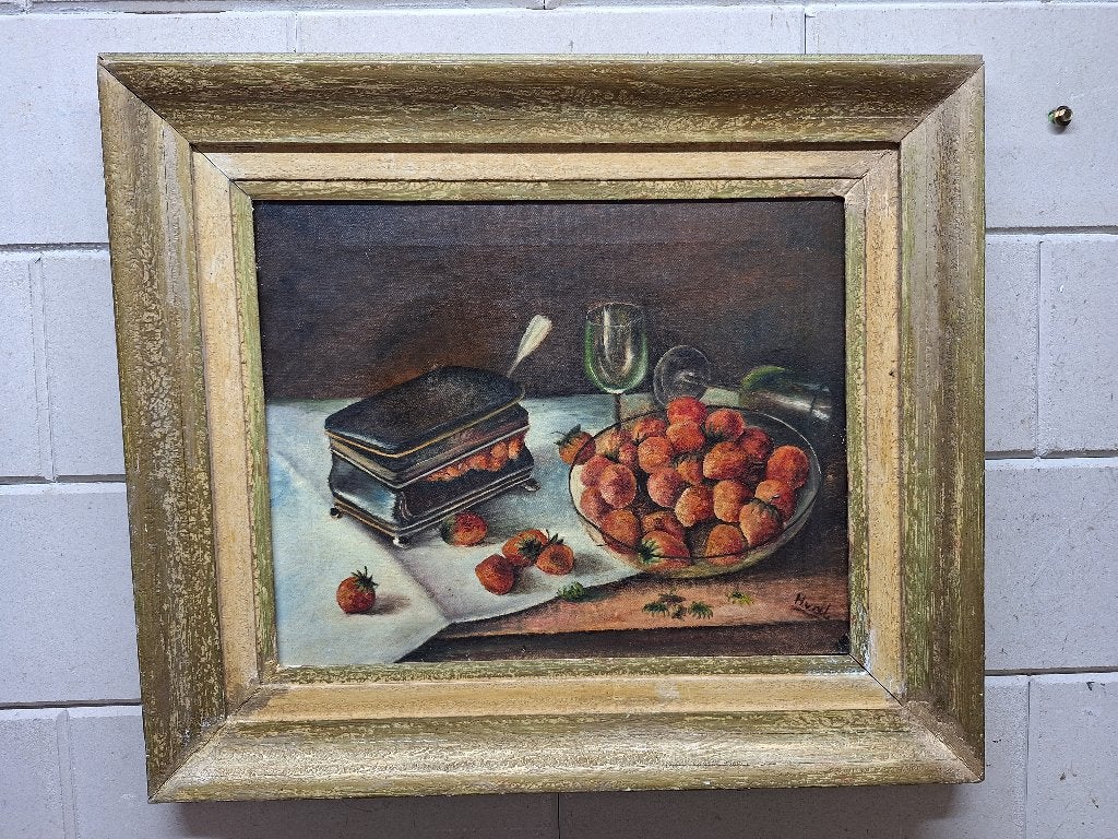 Belle peinture avec des fraises, Enlèvement ou Envoi, Peinture à l'huile, Encadré, Réaliste