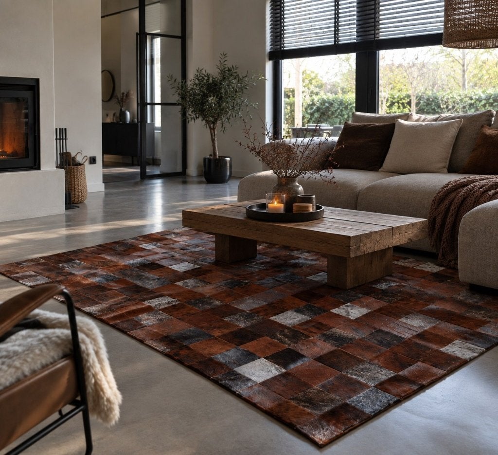 Koeienhuid patchwork bruin 180x120cm | Lederstore, Wandkleed, Nieuw, Ophalen of Verzenden, Landelijk