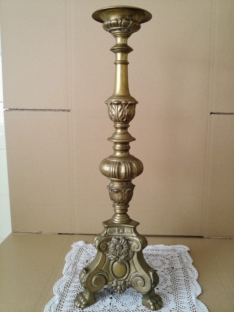 Chandelier ancien d'église en cuivre style Baroque 60cm 1900, Enlèvement ou Envoi