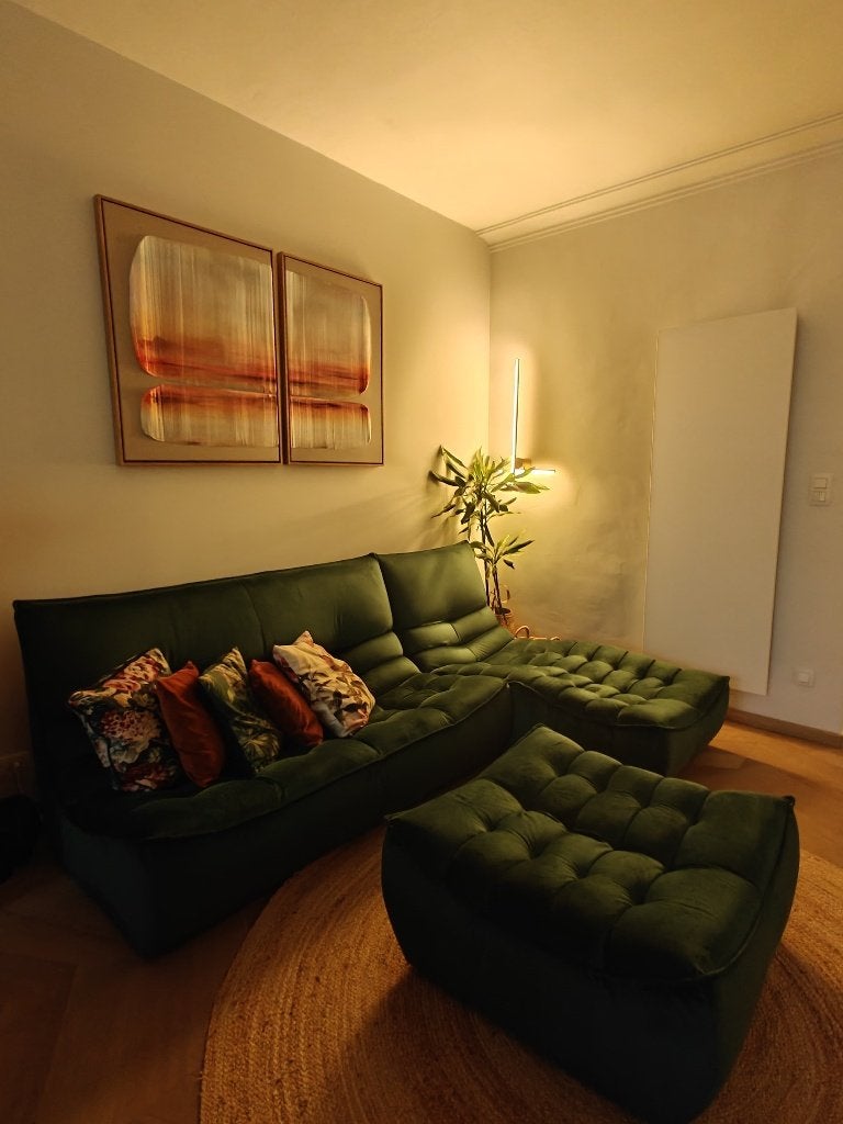 Groene velvet zetel + poef, Huis en Inrichting, Ophalen, Driepersoons, 75 tot 100 cm, Zo goed als nieuw