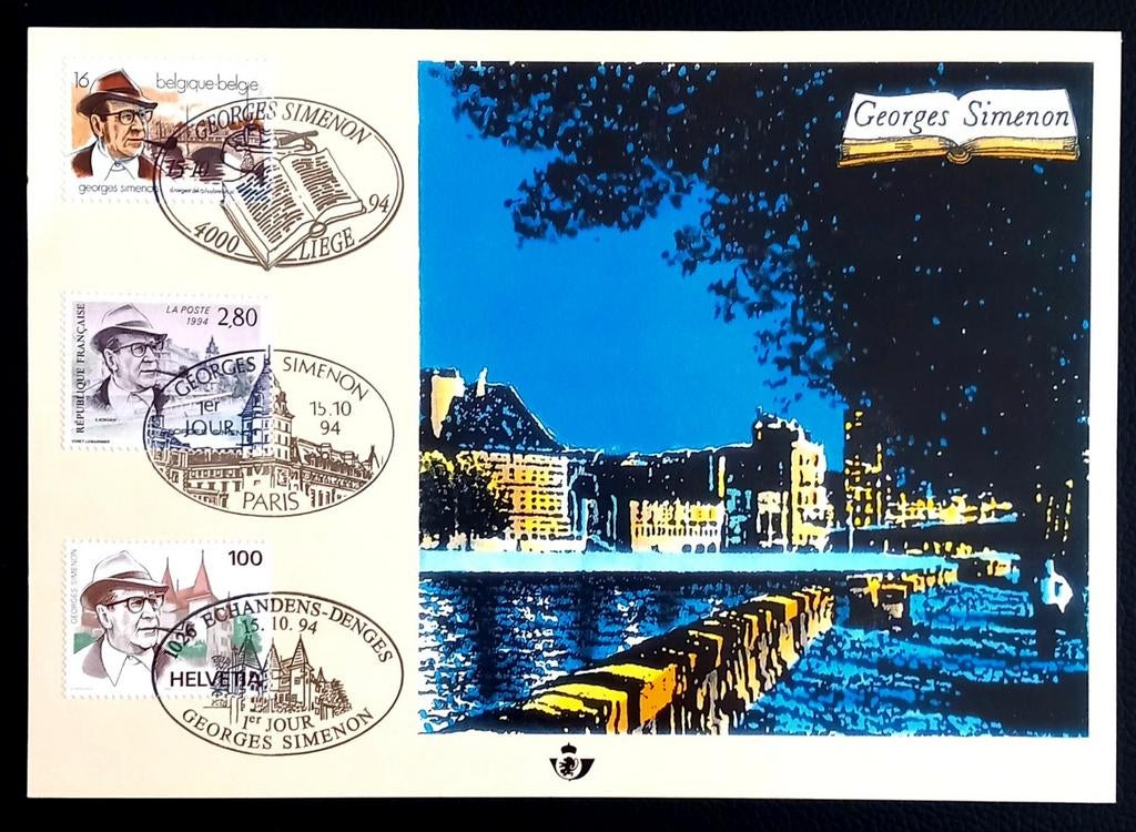 1994 Carte-souvenir Georges Simenon - Cote 32,50 €, Timbres & Monnaies, Oblitéré, Affranchi, Oblitération 1er jour, Envoi