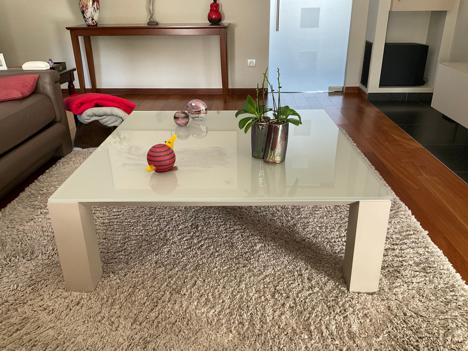 Glazen salontafel, Huis en Inrichting, Tafels | Salontafels, Ophalen, Vierkant, Zo goed als nieuw, Glas