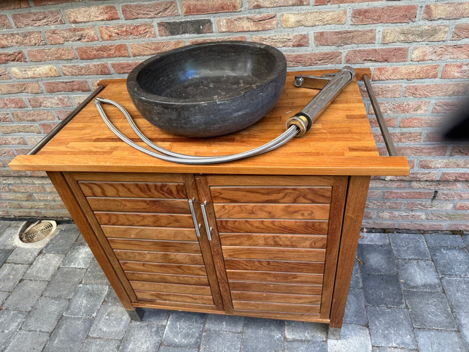 Teakhouten meubeltje, marmeren wasbak, Huis en Inrichting, Ophalen, Gebruikt, 50 tot 100 cm, Minder dan 100 cm