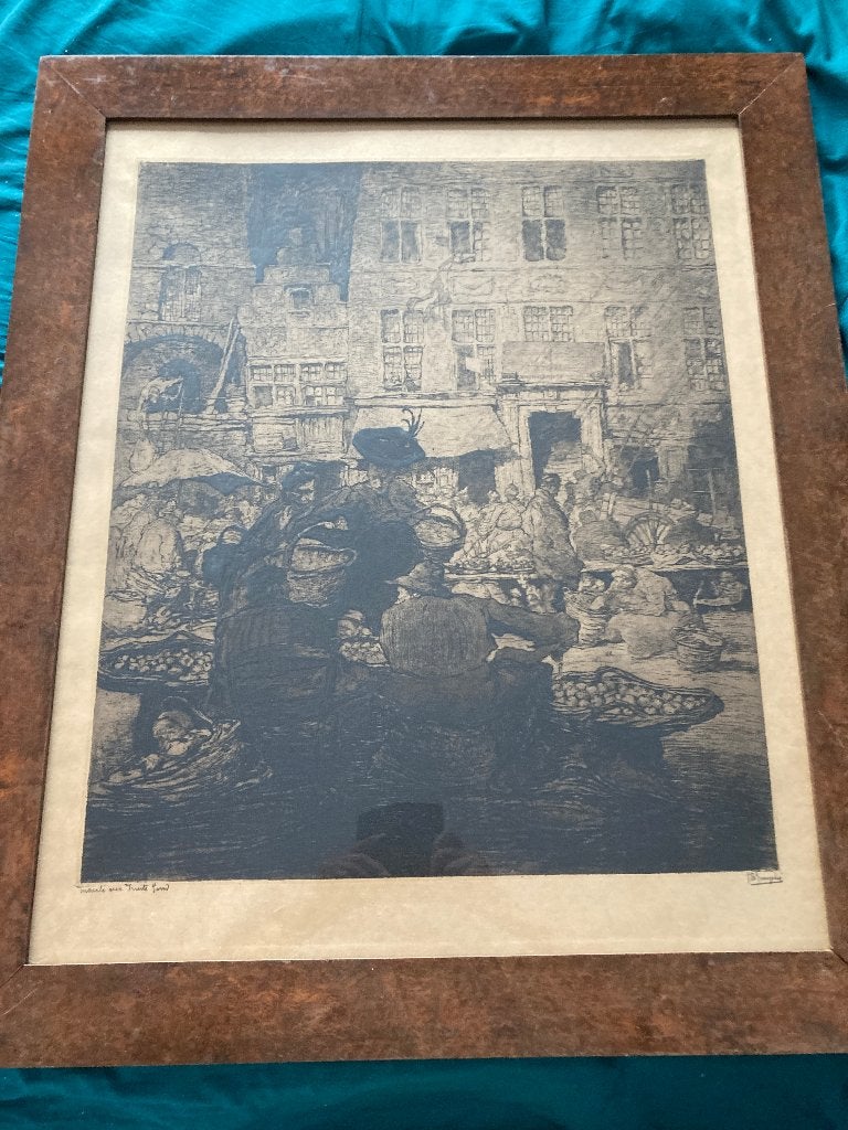 Jules De Bruycker : Ets " Le marché aux Fruits Gand " Gesign, Antiek en Kunst, Kunst | Etsen en Gravures, Ophalen, Dagelijks leven