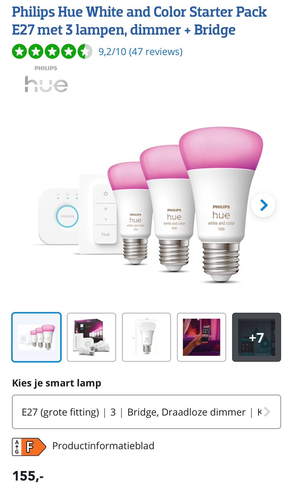 7x Philips Hue White and Color E27 + remote + bridge, Huis en Inrichting, Lampen | Losse lampen, Philips, Ophalen of Verzenden