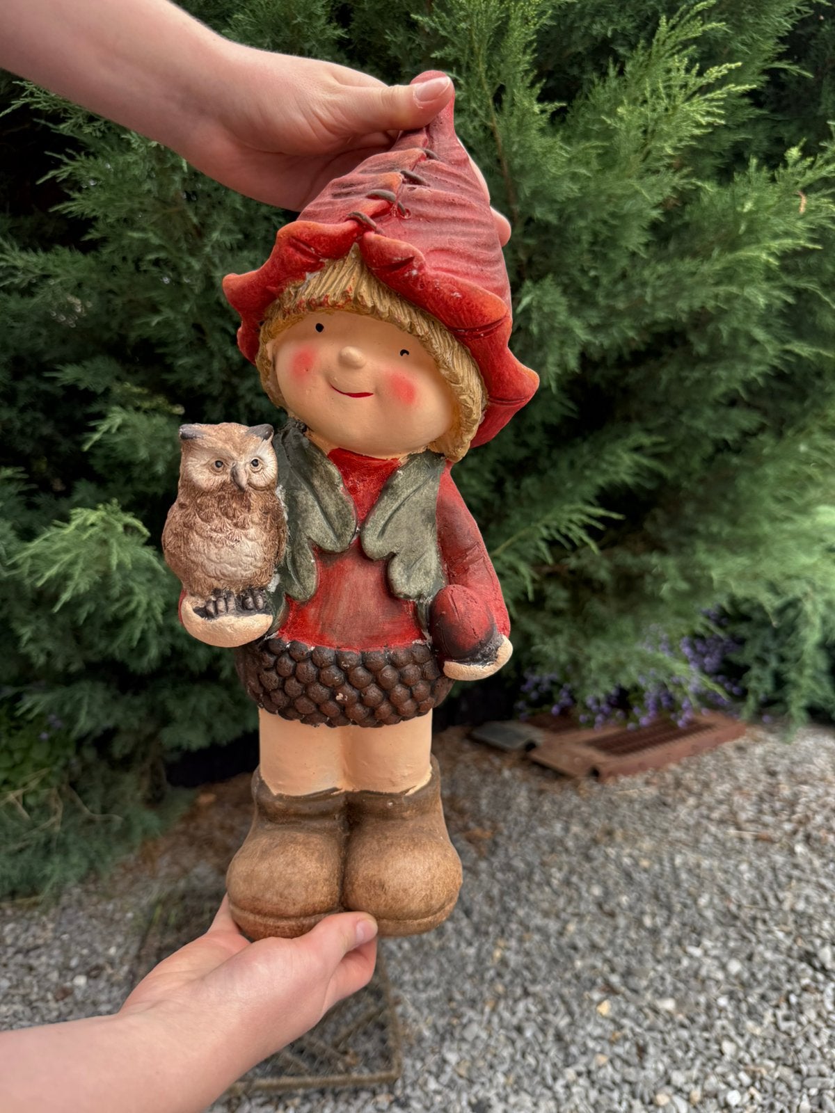 Figurine lutin d’automne avec chouette, Envoi, Comme neuf, Bois, Nain de jardin
