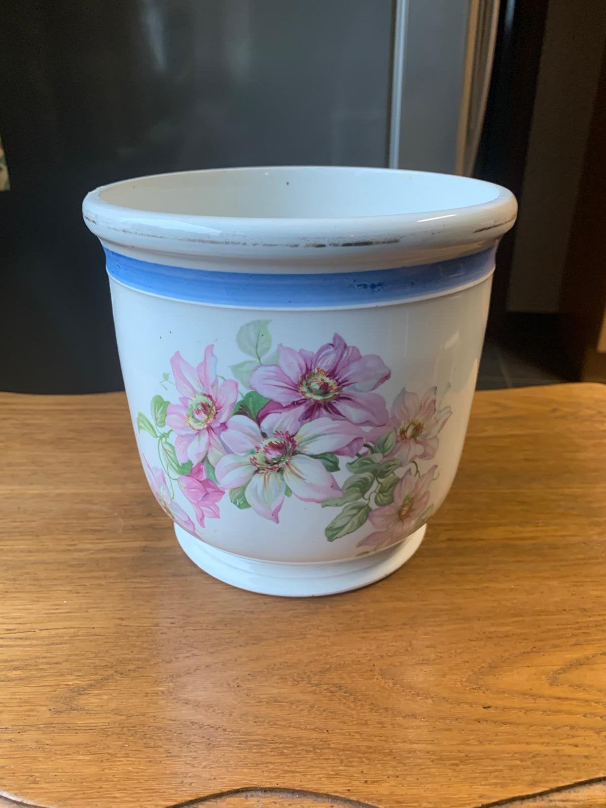 oude retro cashpot bloempot  met bloemen geschilderd 50€, Tuin en Terras, Ophalen of Verzenden, Zo goed als nieuw