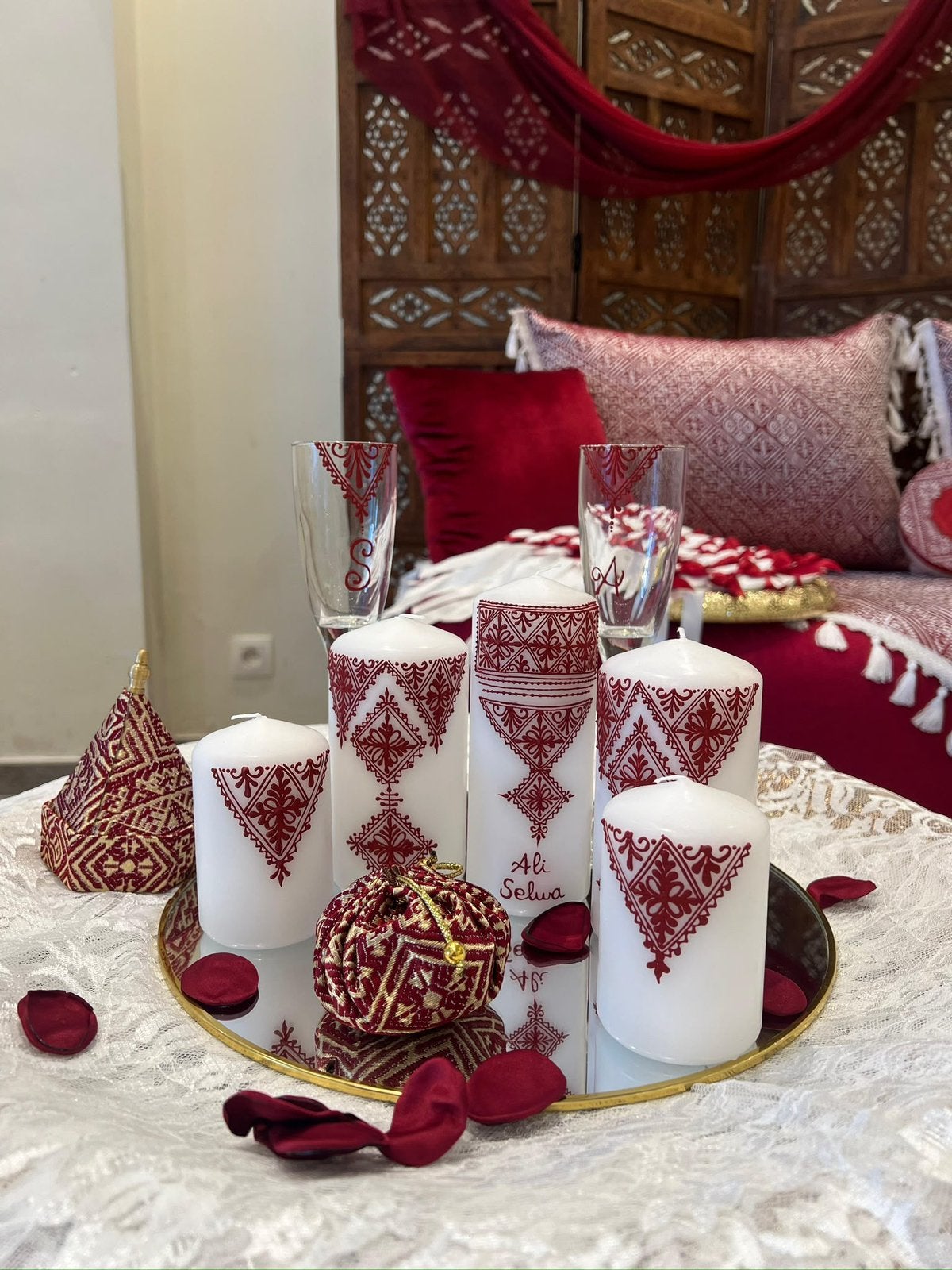 Bougies, plateau personnalisées, dragees, noeuds henna, Enlèvement