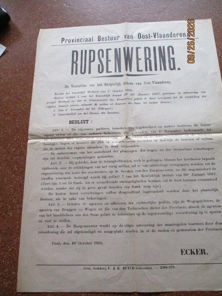 WO1: Affiche Provinciaal bestuur O-VL 1916, Ophalen of Verzenden