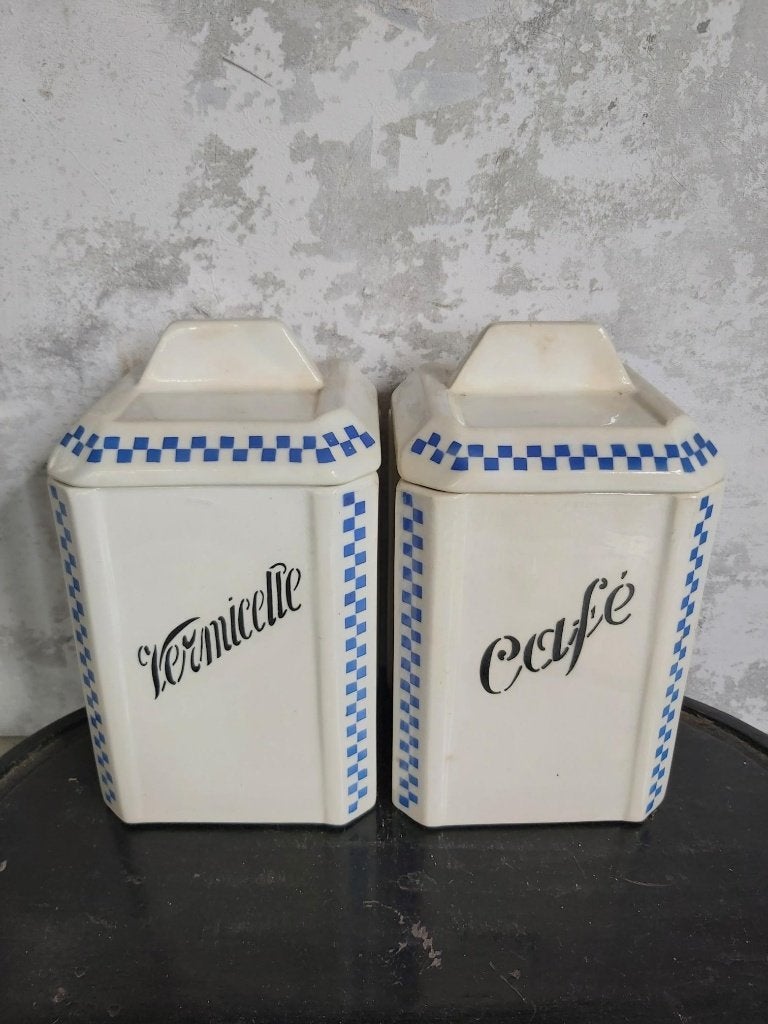 2 mooie oude lustucru voorraadpotten Nimy Belgie '30, Antiek en Kunst, Ophalen of Verzenden