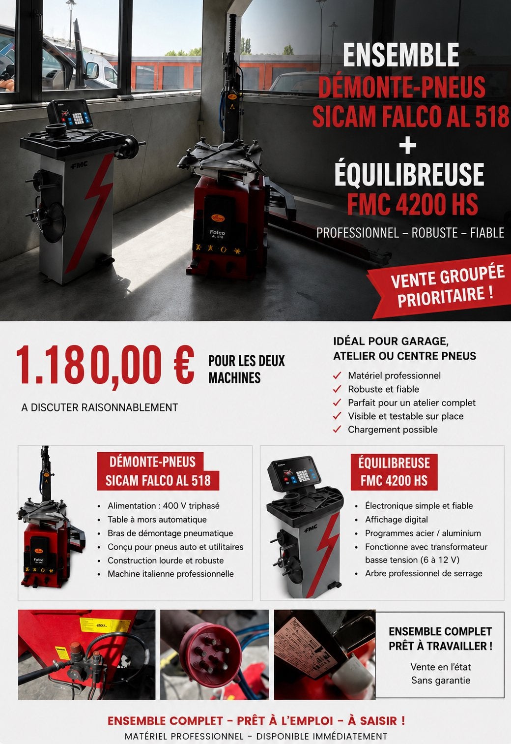 Ensemble pro pneus – Démonte-pneus SICAM + Équilibreuse FMC, Enlèvement, Comme neuf