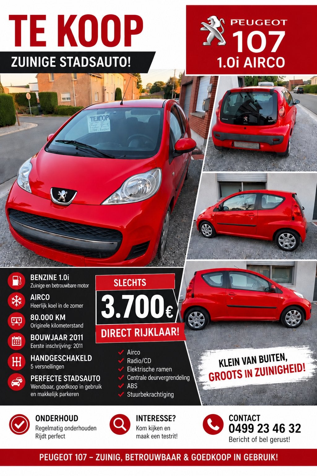 Peugeot 107 met airco, Auto's, Handgeschakeld, Particulier, Stadsauto, Rood