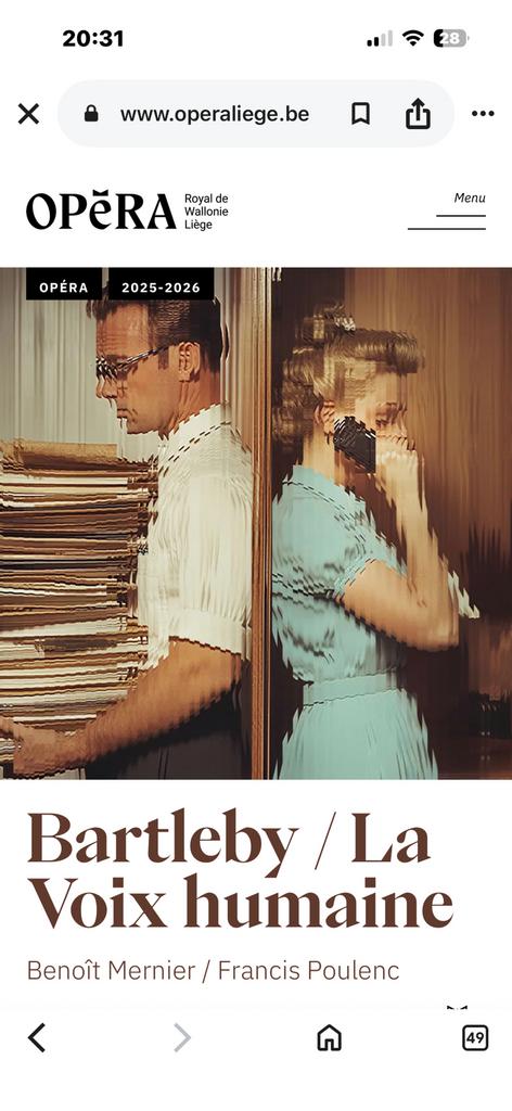 Opèra Royal de Wallonie / Bartleby-La voix Humaine, Tickets & Billets, Deux personnes, Mai