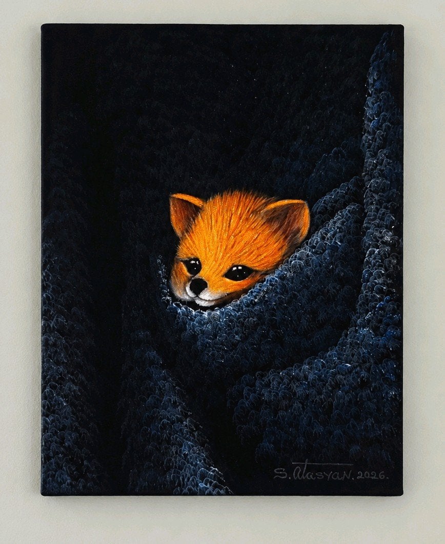 Schilderij verscholen vos in blauwe deken, Ophalen, Schilderij
