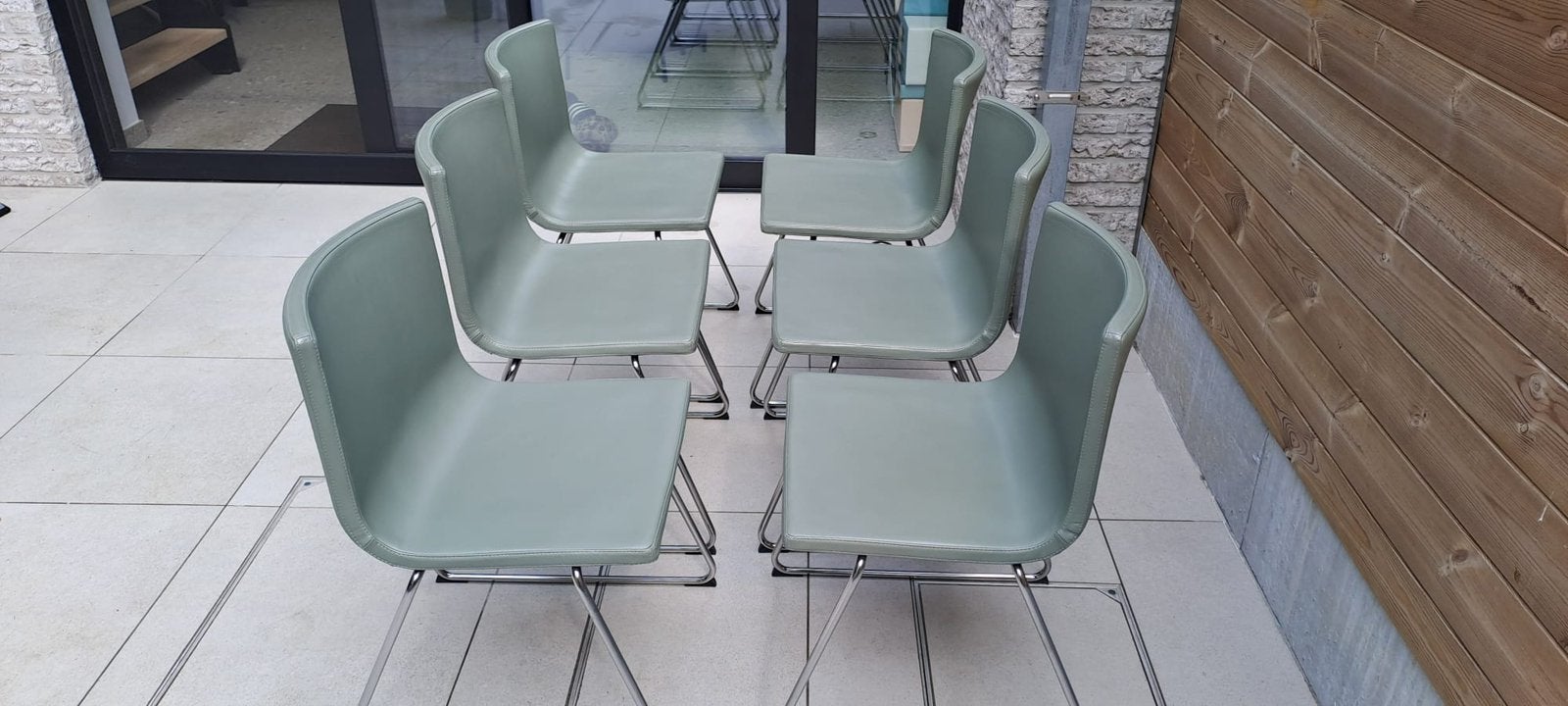 6 groene leder stoelen, Enlèvement, Comme neuf