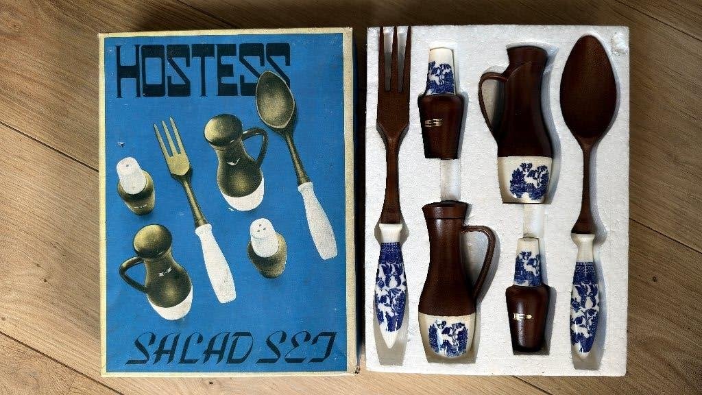 Vintage 'Hostess' Saladeset (6-delig) Blue Willow, Huis en Inrichting, Overige merken, Overige typen, Vintage, Ophalen of Verzenden