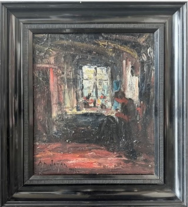 huile sur panneau interieur signe armand jamar, Antiquités & Art, Enlèvement ou Envoi, Panneau