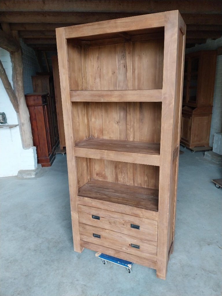 Showroommodel teak boekenkast 90 cm, Huis en Inrichting, Ophalen, Met plank(en), 200 cm of meer, Teakhout