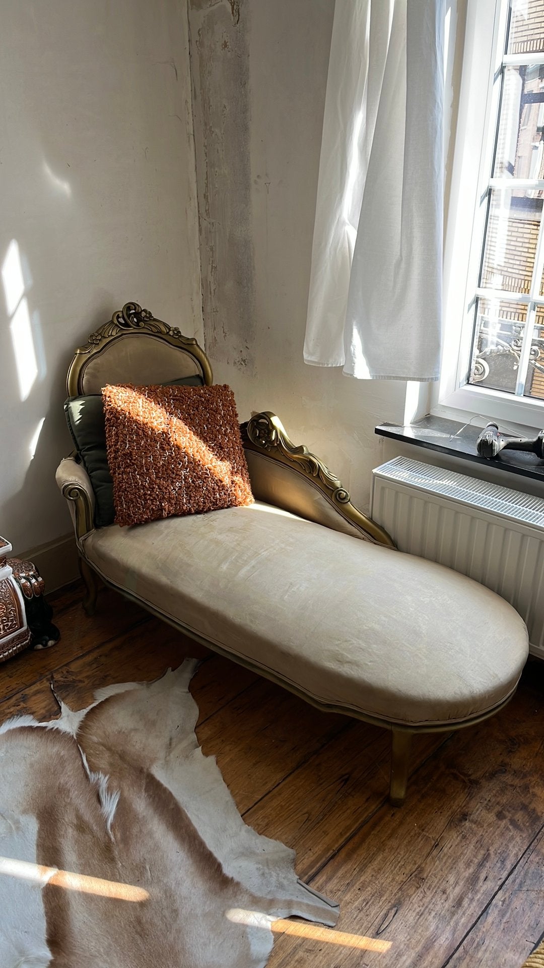Antieke long sofa bank, stoel goudpatine, Ophalen, Gebruikt, Barok