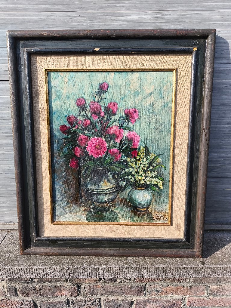 Huile sur toile fleurs signe Edmond defroyennes, Antiquités & Art, Art | Peinture | Classique, Enlèvement ou Envoi, Fleurs, Toile