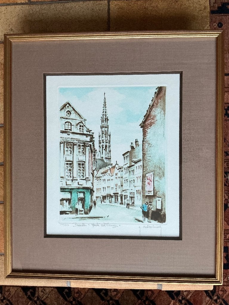 Gravure de Roger Hebbelinck - Bruxelles Marché aux fromages, 44 cm, Signé, Gravure, Enlèvement