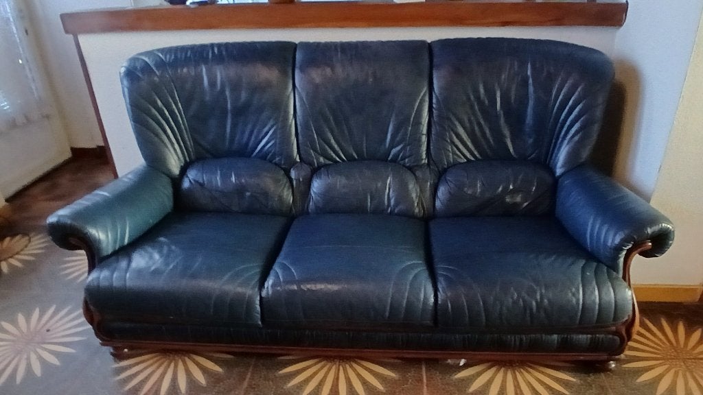 lounge van leer en hout, met 2 kurken fauteuils, Ophalen, Gebruikt, Hout