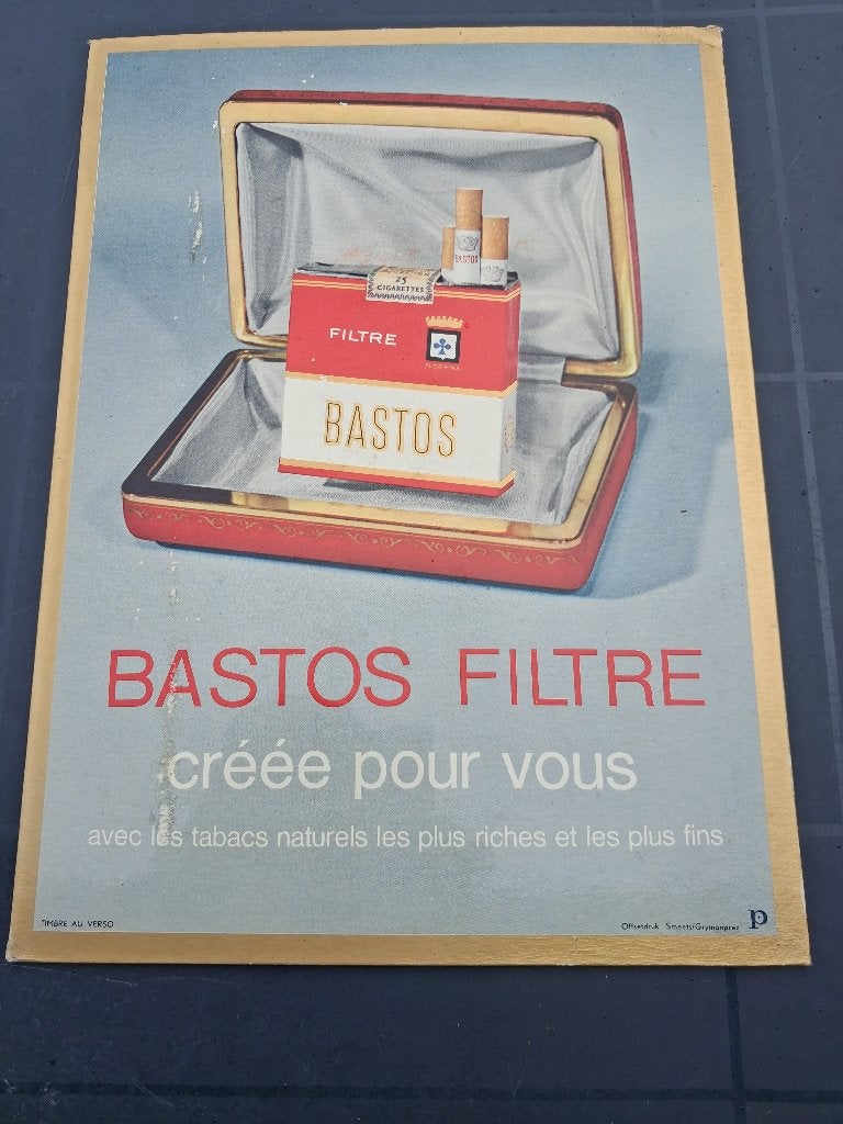 cigarettes bastos.. carton.. timbre fiscal 2F... année 1964., Enlèvement ou Envoi, Utilisé, Panneau publicitaire