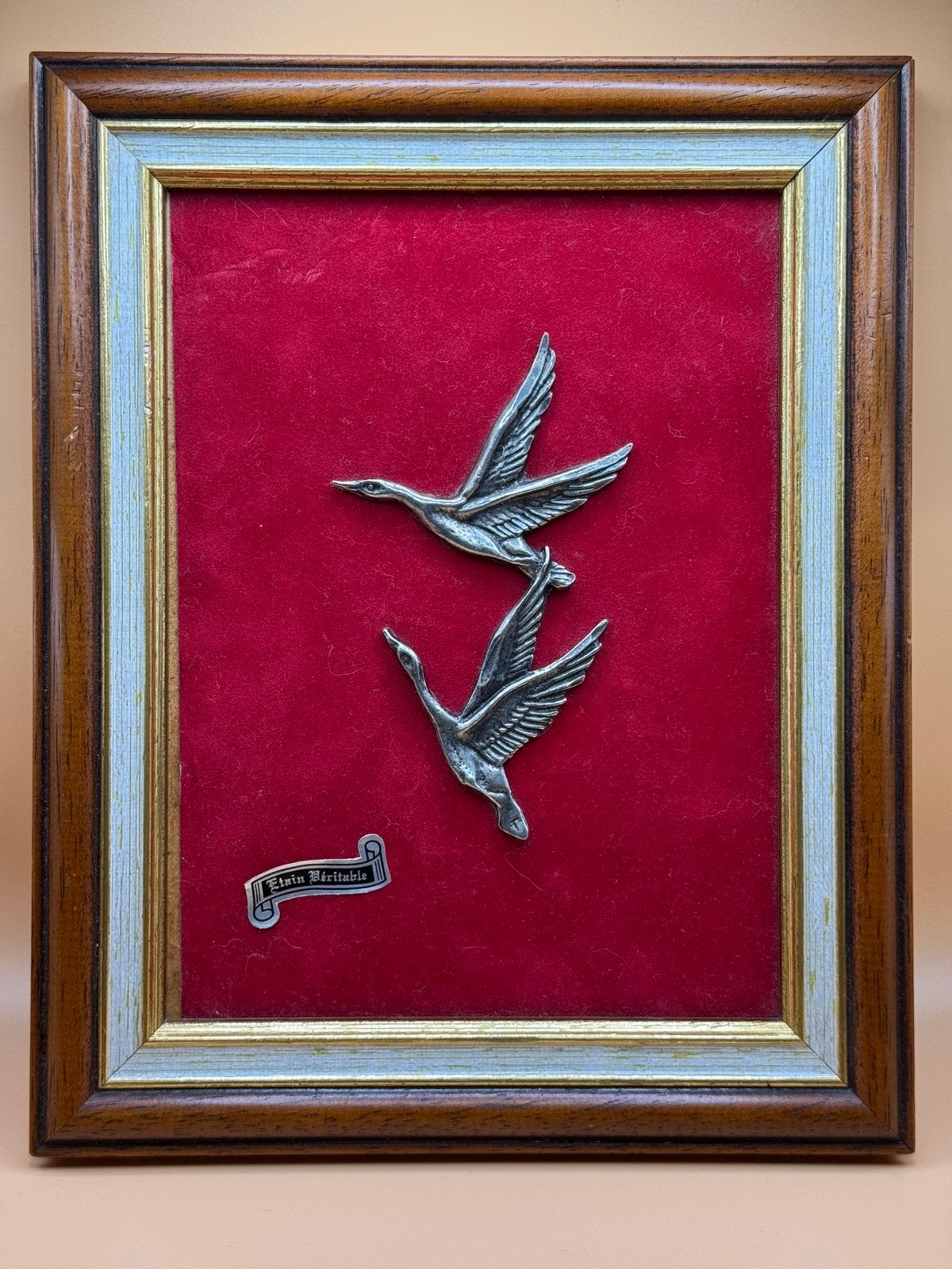 Vintage Schilderij Zwanen Jachttafereel metaal en vilt 1970, Ophalen, Vintage, Doek
