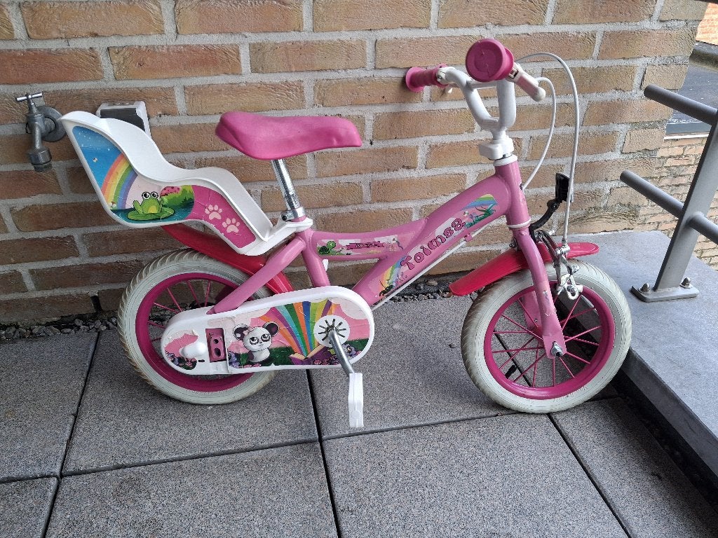 roze meisjesfiets met zitje voor pop, Ophalen, Gebruikt, Velgrem, 14 inch of minder