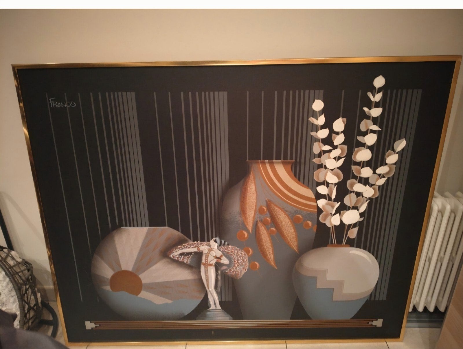 groot art-deco stilleven - Franco, Antiek en Kunst, Ophalen, Doek, Stilleven, Gesigneerd