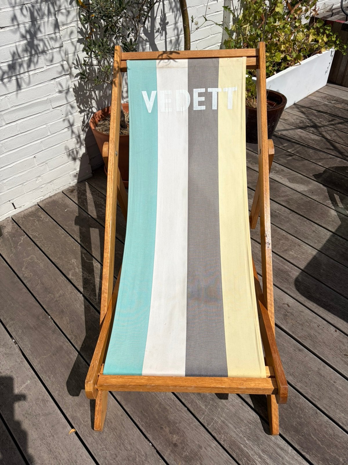 Vedett ligstoel/strandstoel vintage kleuren, Ophalen, Gebruikt, Hout, Inklapbaar