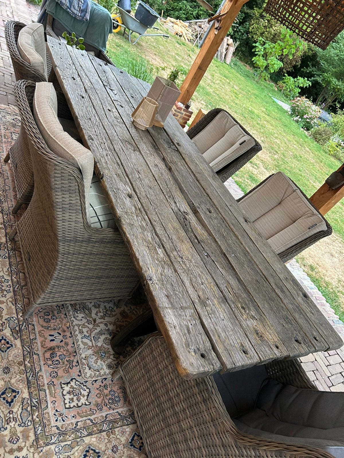 Tuintafel oude eiken wagonplanken, Ophalen, Gebruikt, Hout, 8 zitplaatsen