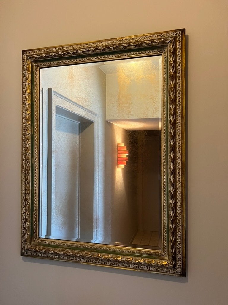 Vintage spiegel 90x70 cm met klassieke houten lijst, Ophalen, Gebruikt, Minder dan 100 cm, Rechthoekig