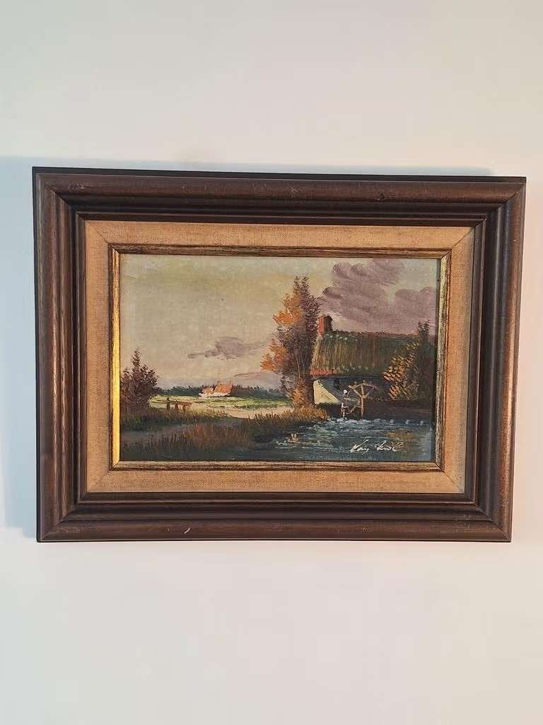 Schilderij met watermolen, gesigneerd, Antiek en Kunst, Kunst | Schilderijen | Klassiek, Doek, Realistisch, Ophalen of Verzenden