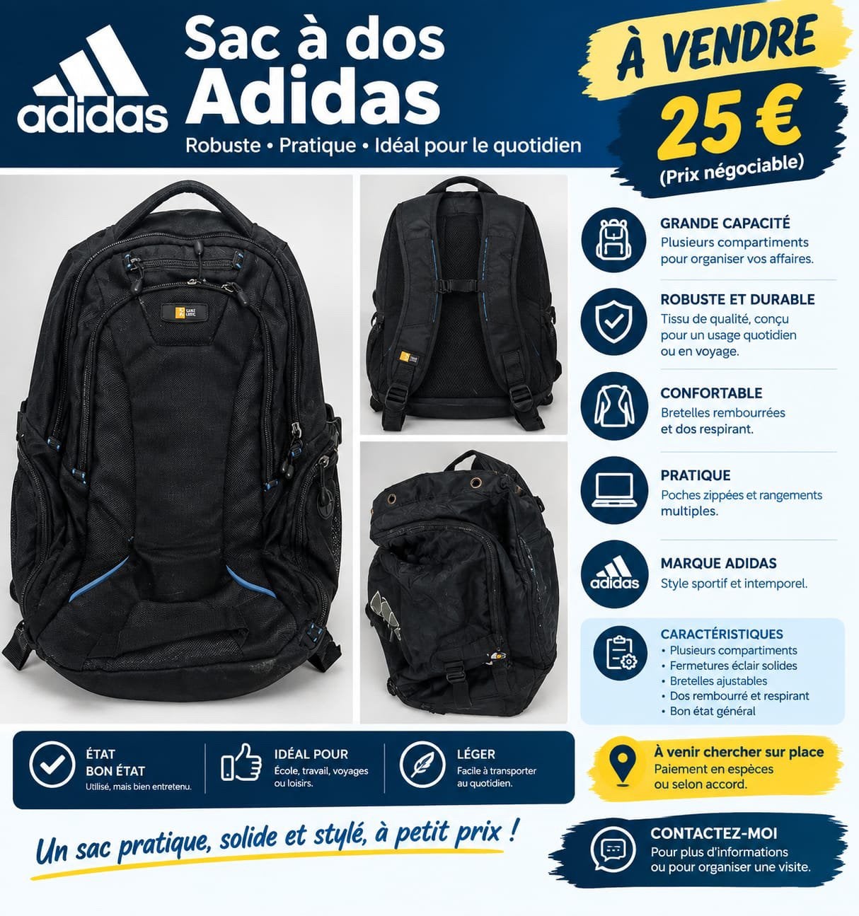 Sac à dos Adidas noir – Grande capacité – Bon état, Ophalen of Verzenden, Zo goed als nieuw