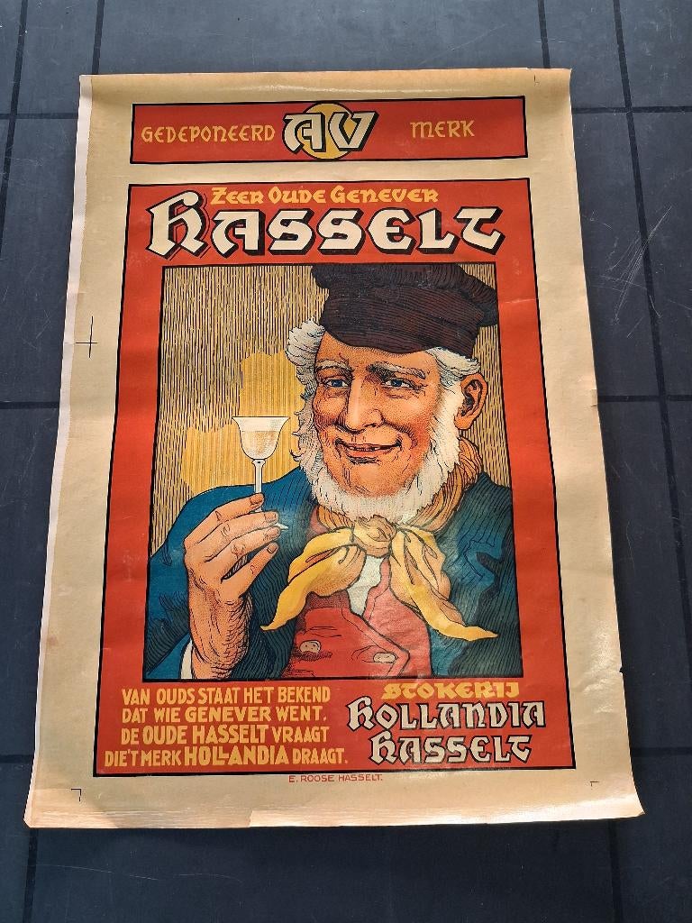 oude affiche  HASSELTSE OUDE GENEVER, Verzamelen, Merken en Reclamevoorwerpen, Ophalen of Verzenden, Zo goed als nieuw, Reclamebord