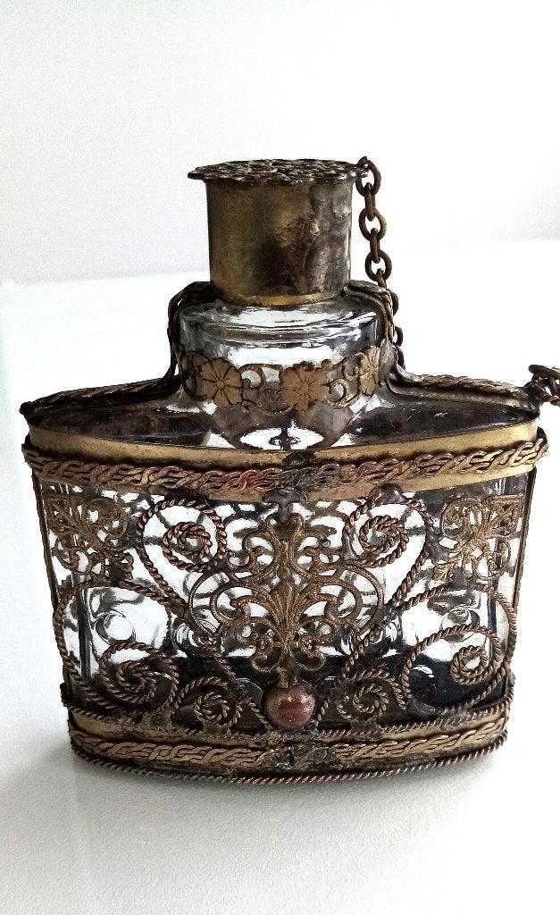 Antique Fiole/Flacon verre et métal ciselé- impeccable, Antiquités & Art, Enlèvement