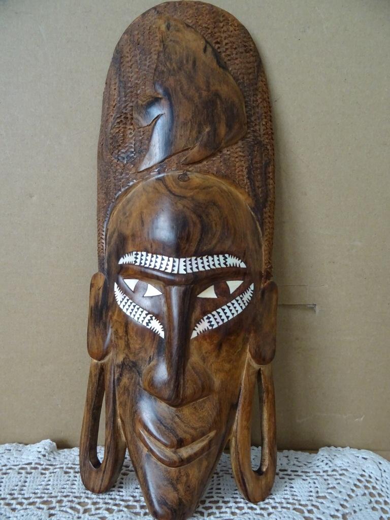 Afrikaans houten masker Kenia belegd met parelmoer 32cm 1980, Antiek en Kunst, Ophalen of Verzenden