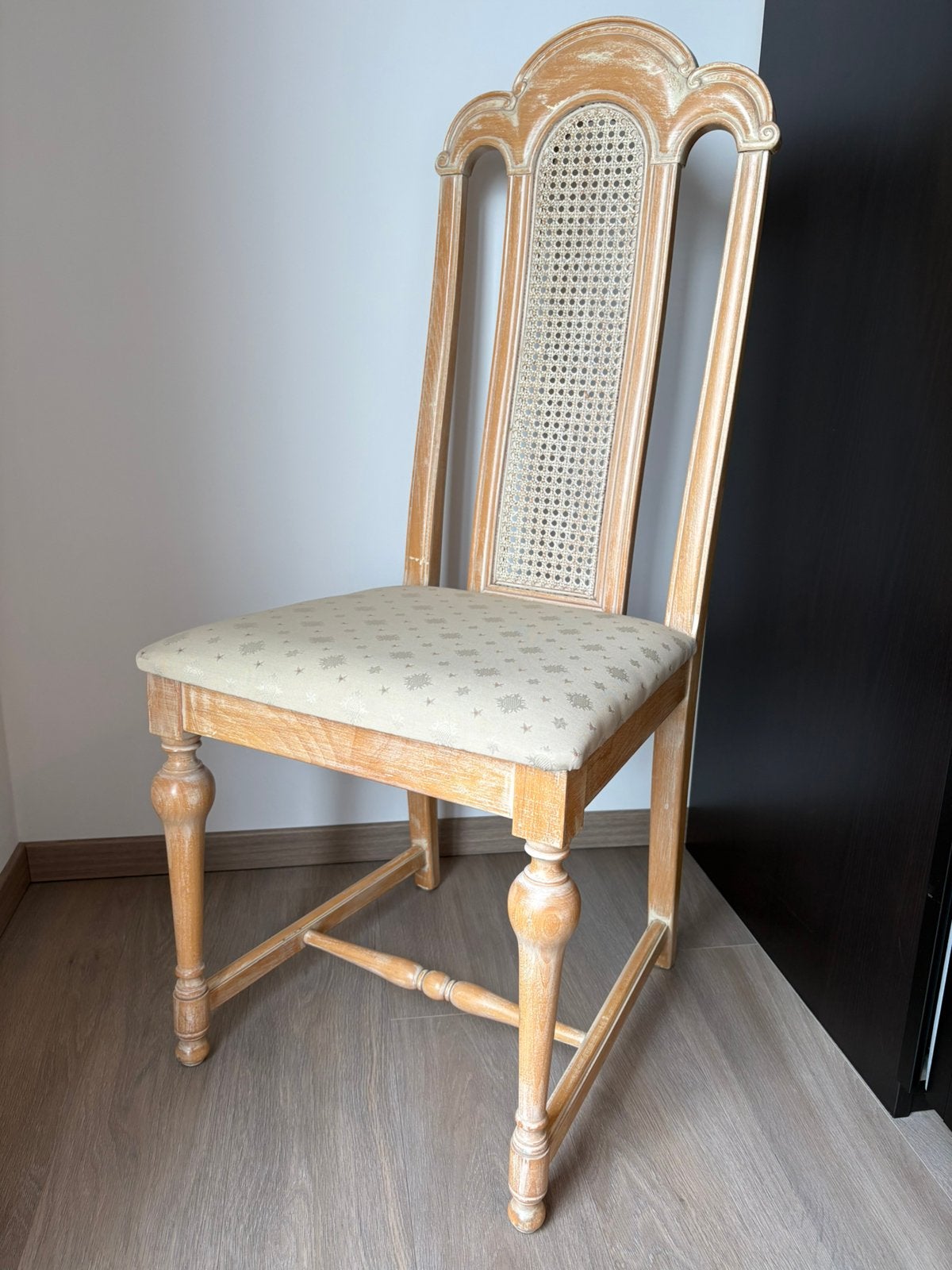 Eetkamerstoelen in beuk en riet, in cerusé, Huis en Inrichting, Ophalen, Gebruikt, Hout, Vijf, Zes of meer stoelen