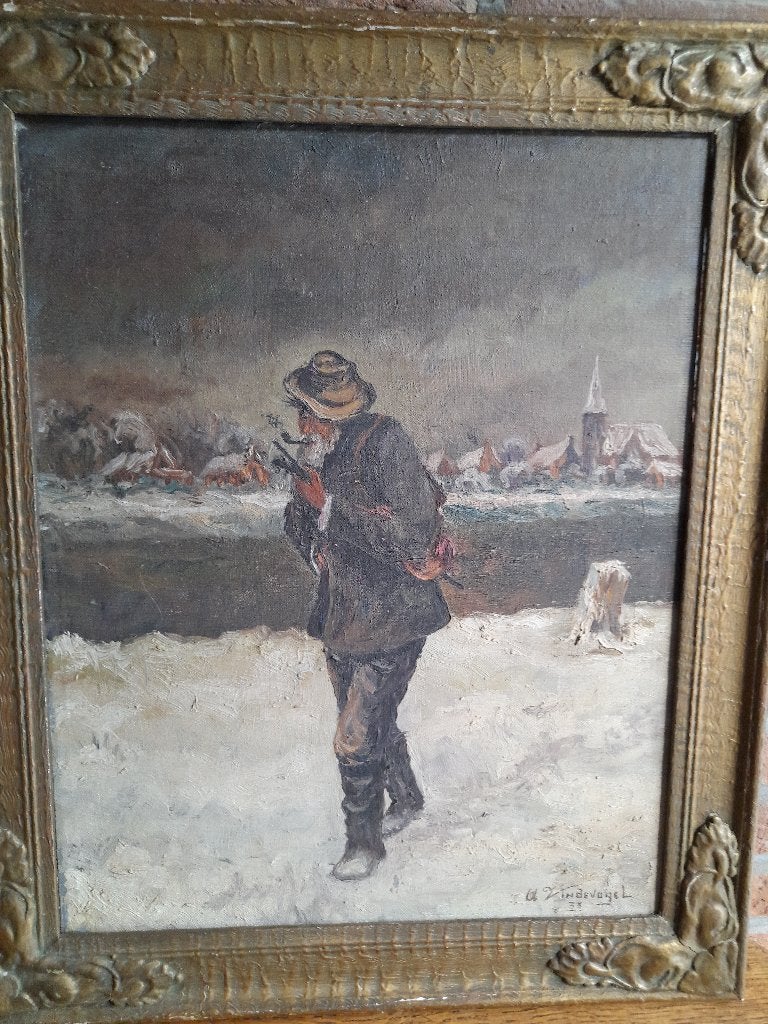 Schilderij, man met pijp langs het water, Enlèvement, Impressionniste