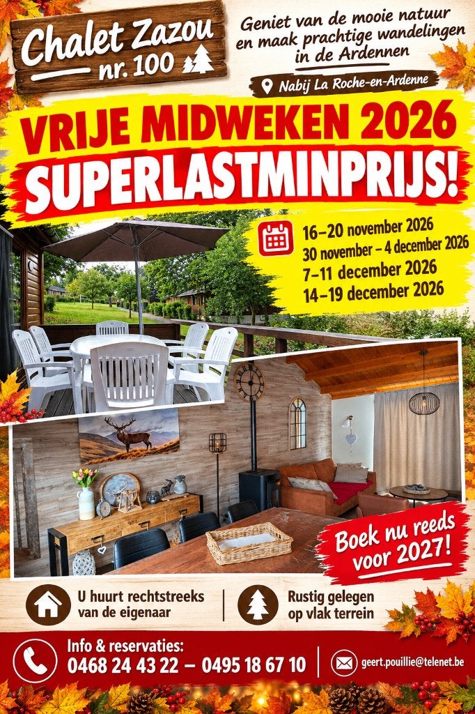 Chalet hartje Ardennen bij La Roche.Laatste midweken LASTMIN, Immo, Jupille sur ourthe, Direct bij eigenaar, 2 kamers, Vrijstaande woning